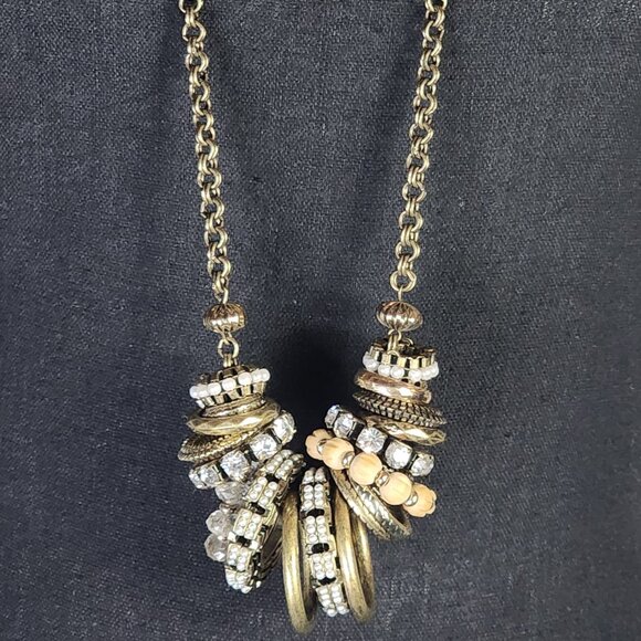 Chico's Mixed Metal Brass Rhinestone Wood Stacking Ring Bead 39" Rolo Necklace - Picture 2 of 16